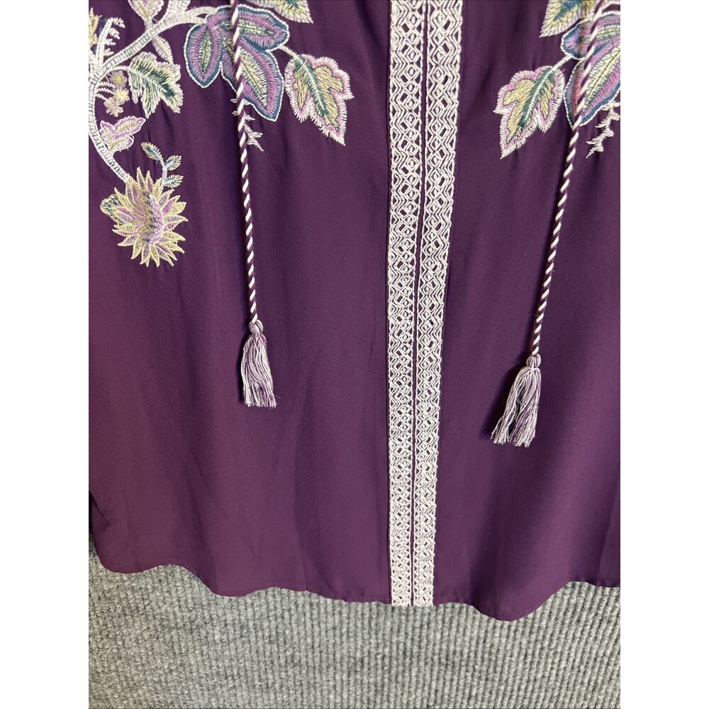 Chicos Womens Blouse Size 8/10 Purple Embroidered Boho Tassels Long Sleeve - Picture 4 of 7